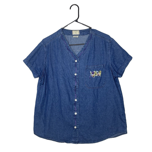 Y2K Vintage Wrangler Womens Shirt L Blue Denim Embroidery Teacher Cottage - Picture 1 of 7